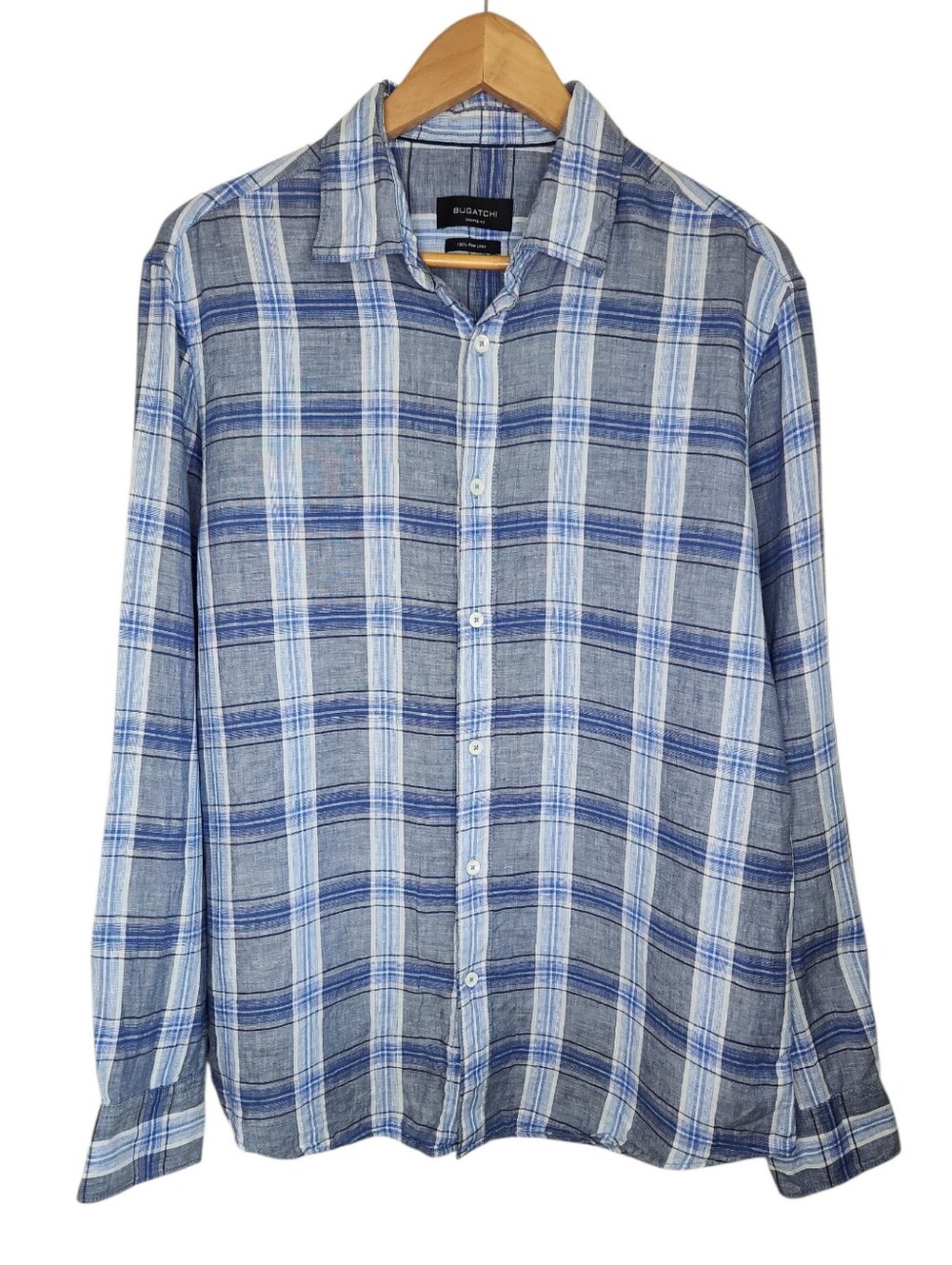 BUGATCHI Julian plaid check long sleeved shirt in Blue 100% linen Mens Medium